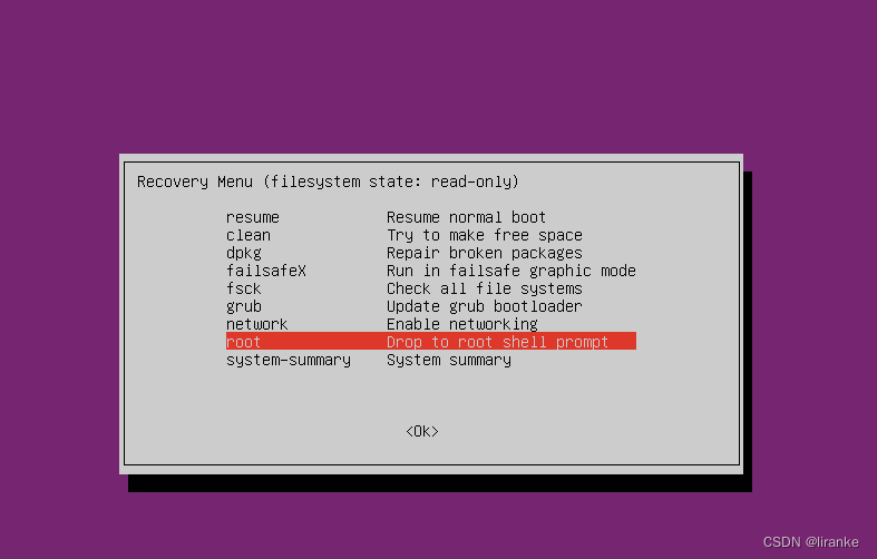 操作系统实践在Ubuntu recovery模式下找回密码_ubuntu recovery menuCSDN博客