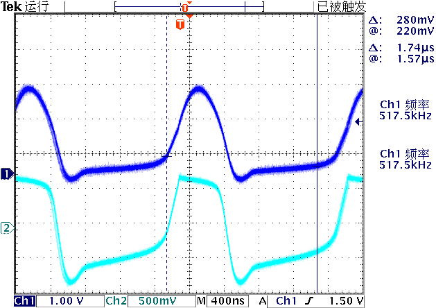  ͼ2.2.2 T1缫ѹ（ɫ）T2ѹ（ɫ）źŲ