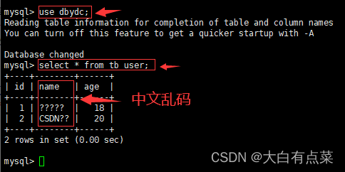 Client连接Server查看表中数据，中文显示为乱码