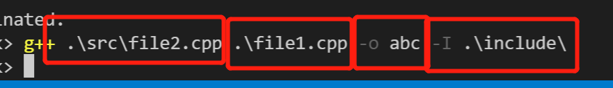 分为四个部分，在当前文件夹下的cpp函数文件需要写明路径，输出exe的程序名为-o name，如果头文件在下述文件夹内，需要写明-I 搜索路径