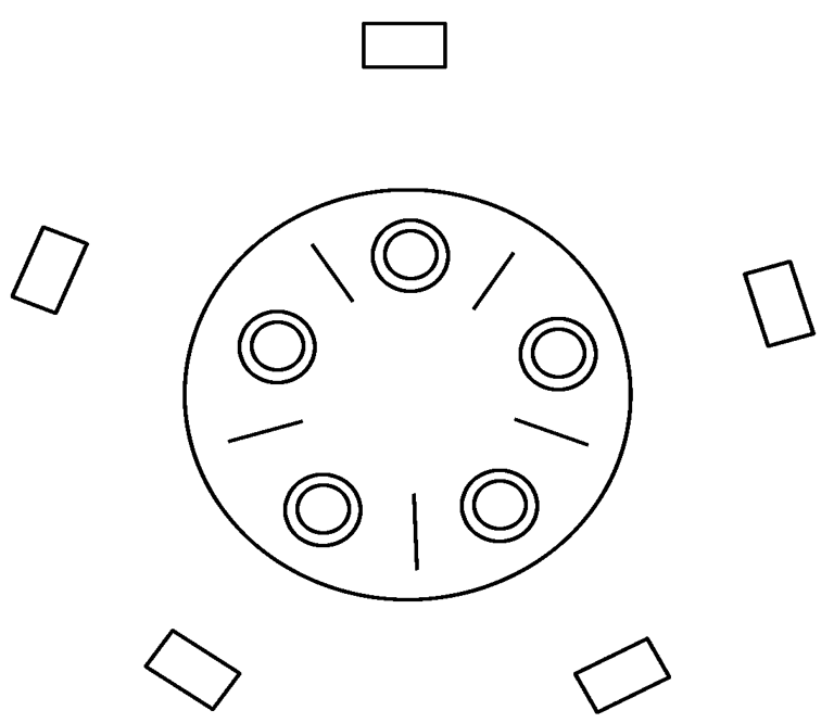 周围,每个哲学家面前都有一只碗,各碗之间分别有一根筷子,餐桌如下图
