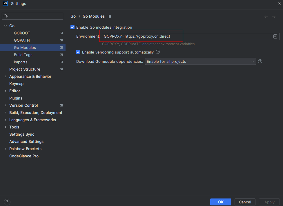GoLand设置Go Modules的Environment信息