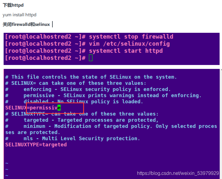 下载httpdyum install httpd关闭firewalld和selinux