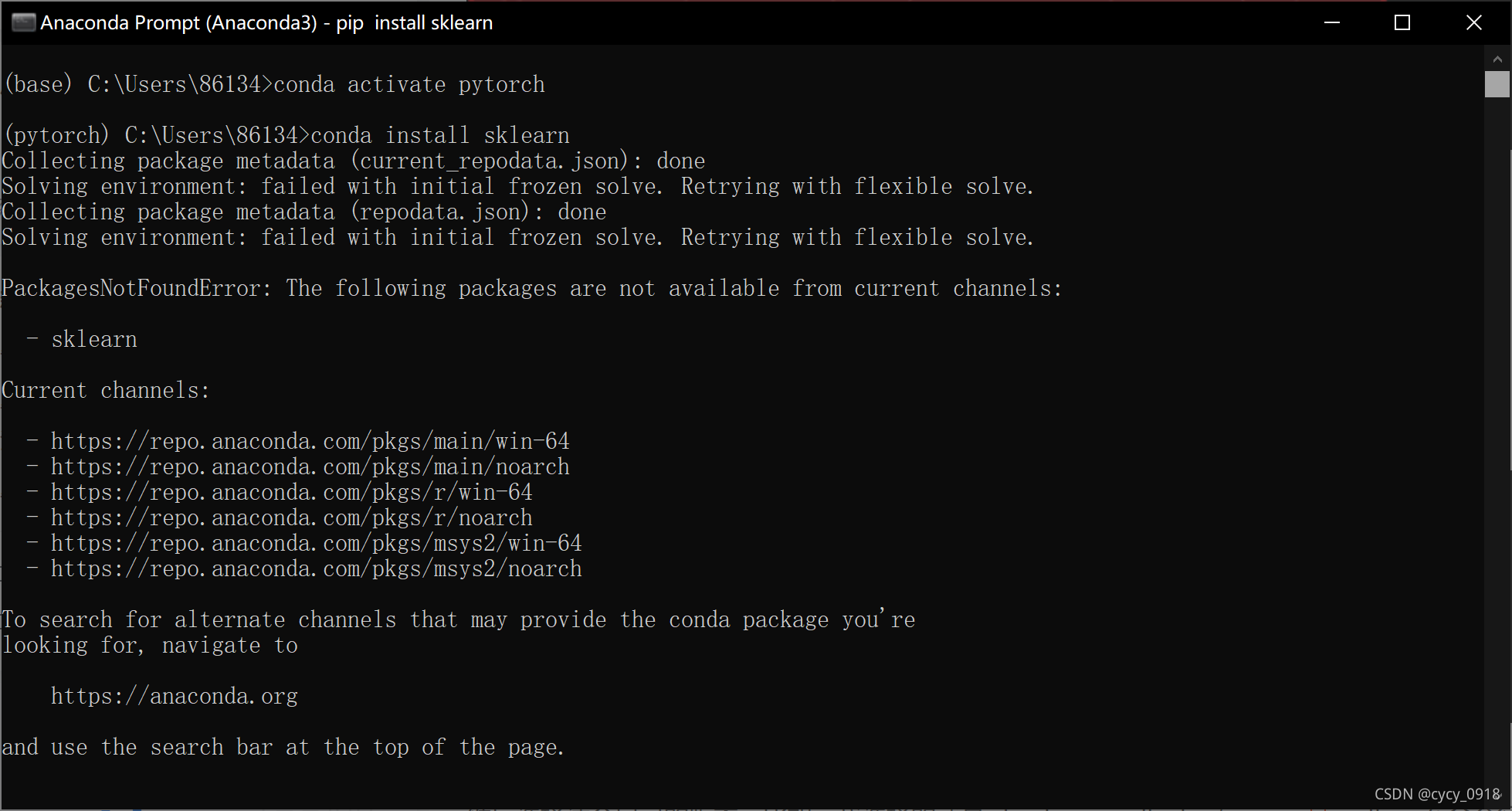 annaconda安装报错PackagesNotFoundError: The following packages are not ...