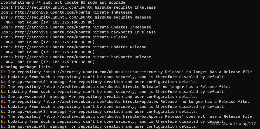 E: The repository ‘http://security.ubuntu.com/ubuntu hirsute-security Release‘ no longer has a Relea