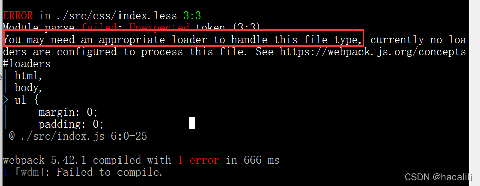 ERROR in ./src/css/index.less 3:3Module parse failed: Unexpected token ...