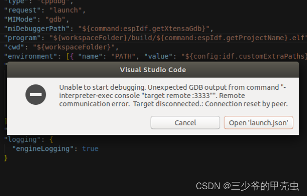 Unable to start debugging.Unexpected GDB output from command"-interpreter-exec console"target remot:3333"".Remote communication error. Target disconnected.:Connection reset by peer