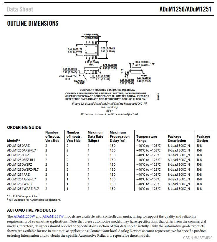 ASEMI代理ADUM1250ARZ-RL7原装ADI车规级ADUM1250ARZ-RL7