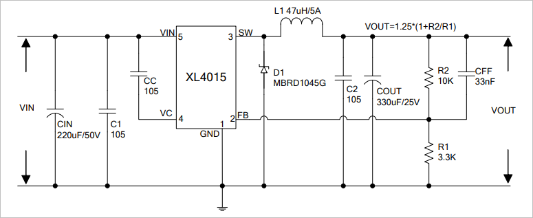 ▲ 图2.2 XL4015典型应用电路