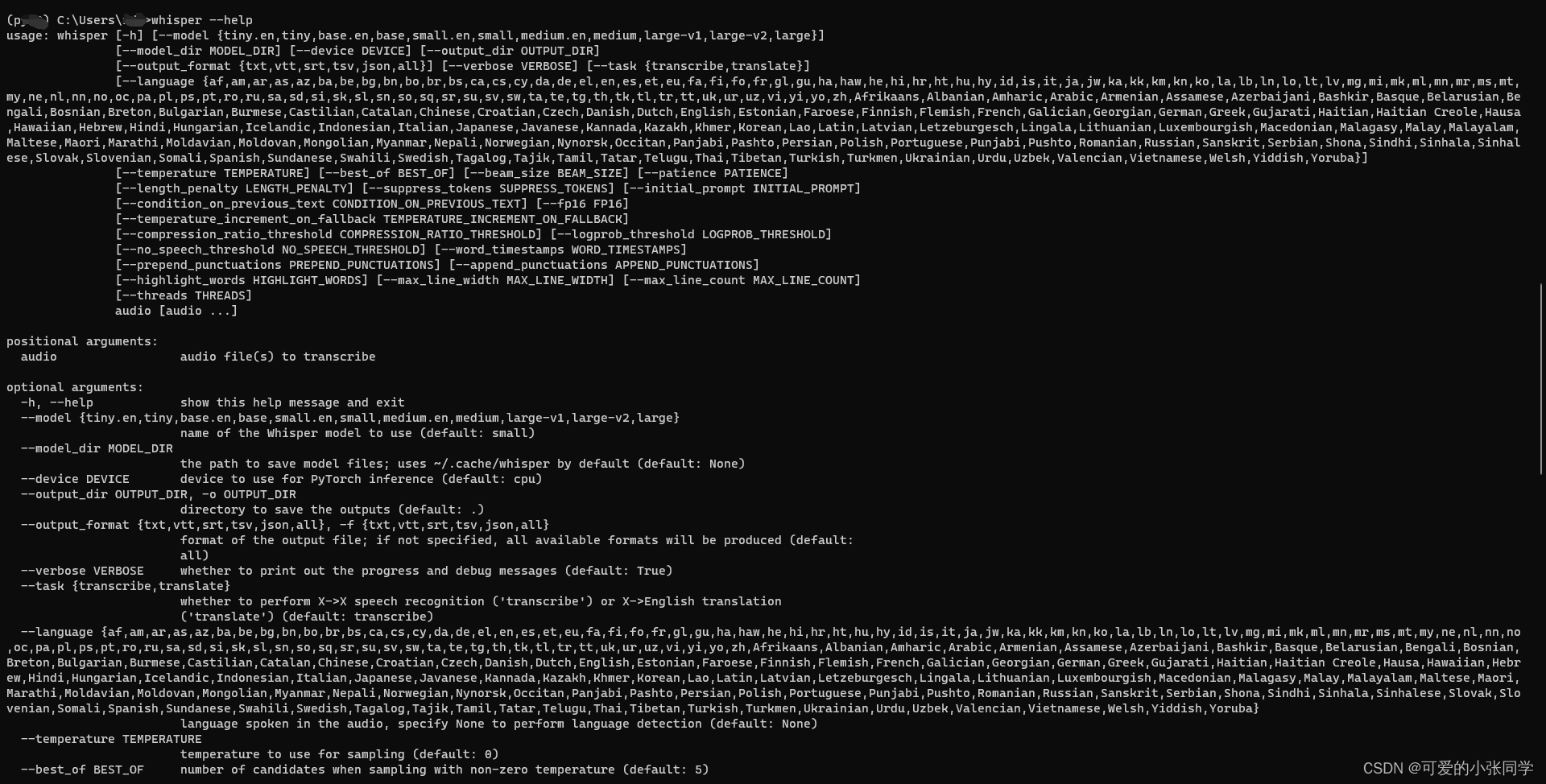 上图为Whisper常用的一些参数介绍，通过执行 **whisper --help** 命令得到