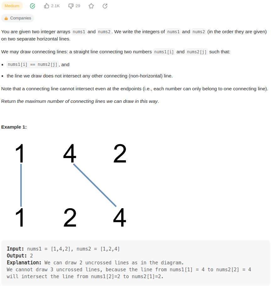 leetcode 1035. Uncrossed Lines（不交叉的线）