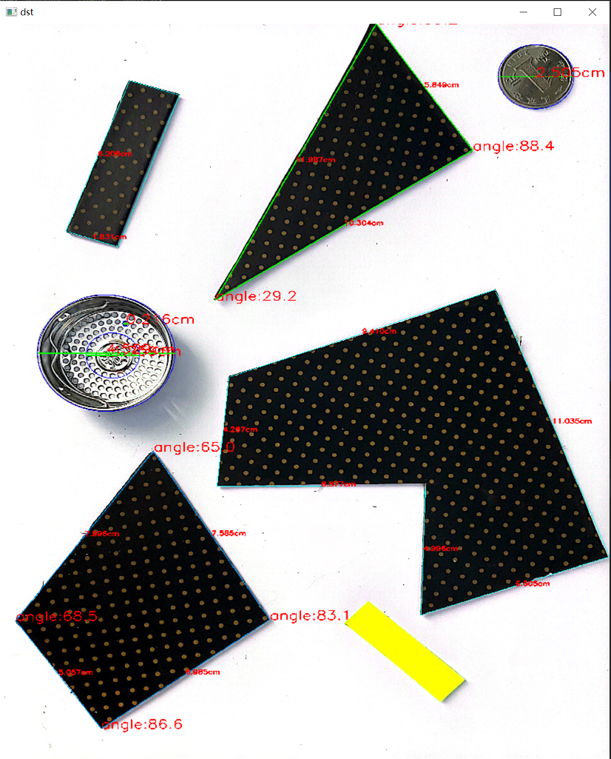 OpenCV数字图像处理——检测出图像中的几何形状并测量出边长、直径、内角