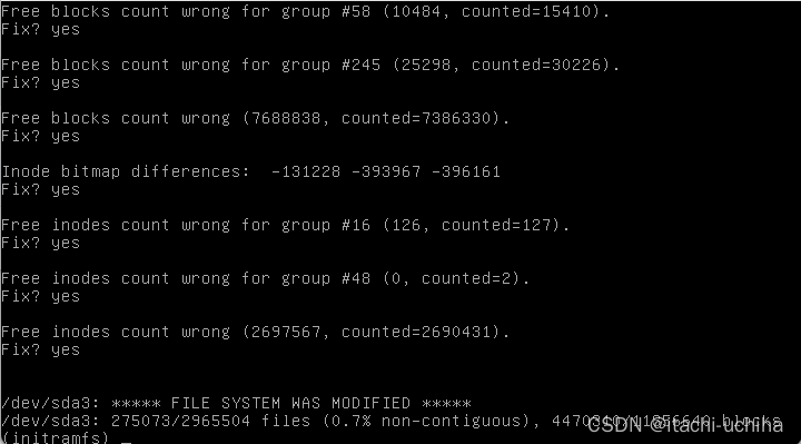 【系统救援】 Ubuntu重启失败，报错：UNEXPECTED INCONSISTENCY； RUN fsck MANUALLY