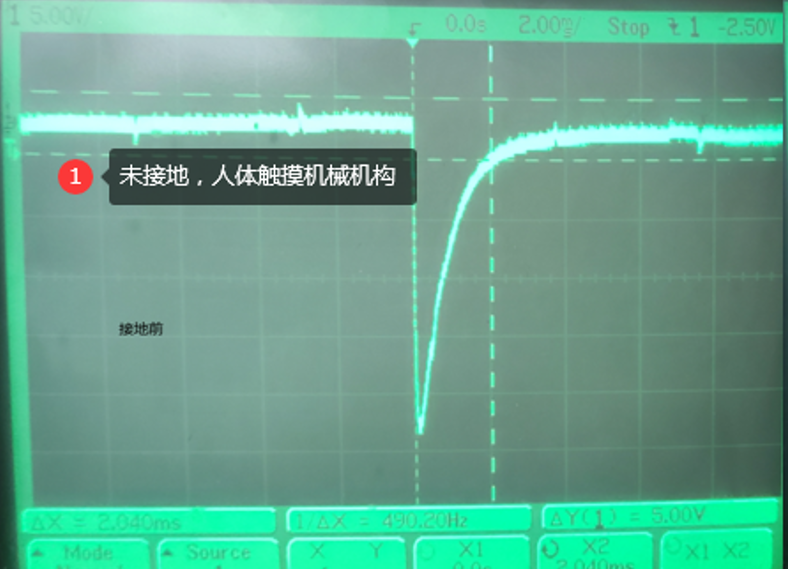 ▲ 图2.3.4 未接地人体触碰机械结构出现的脉冲