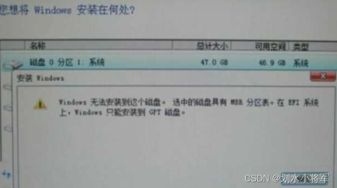 Win10无法安装到这个磁盘,选中的磁盘具有mbr分区