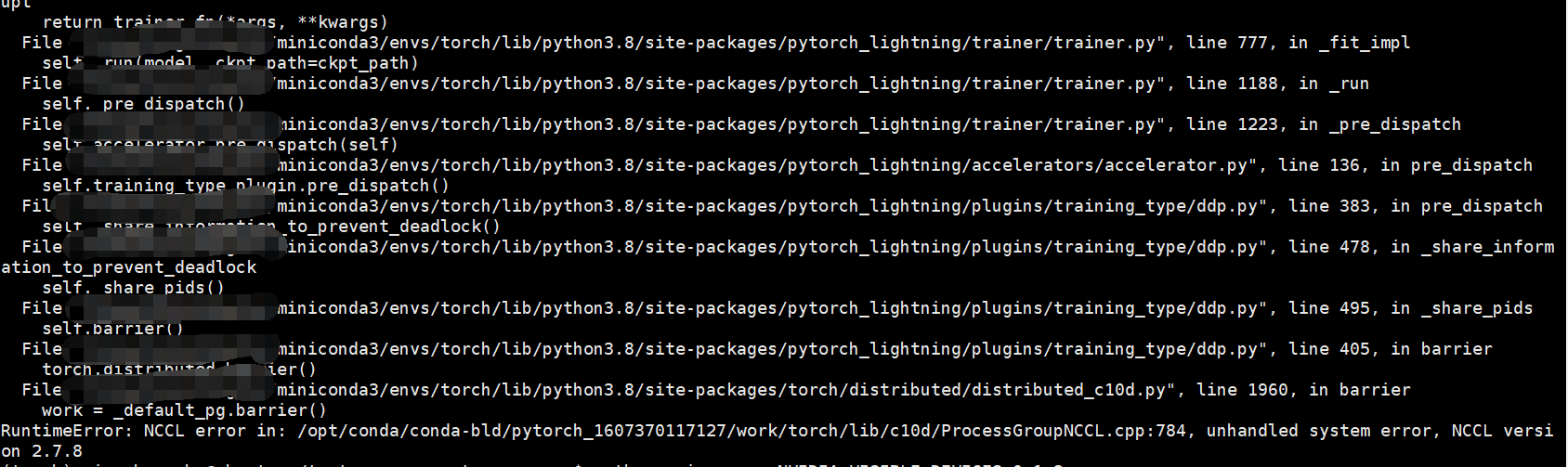 RuntimeError: NCCL error in: /opt/ conda/ conda-bld/pytorch 1607370117127/work/ torch/lib/c10d/Proce