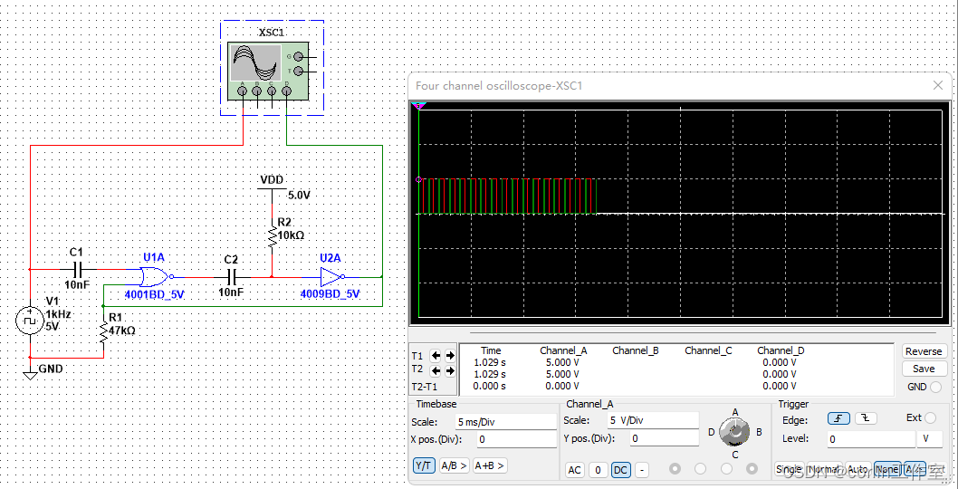 Multisim14.0仿真（二十一）微分单稳态触发器