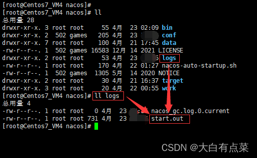 Nacos Server 服务启动会将启动日志写入到 logs/start.out 文件