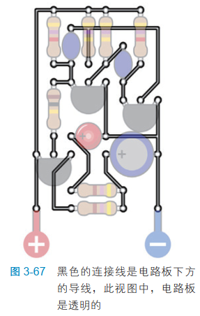 3-67 黑色的连接线是电路板下方的导线，此视图中，电路板是透明的