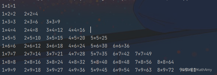 >1*1=1	
1*2=2	2*2=4	
1*3=3	2*3=6	3*3=9	
1*4=4	2*4=8	3*4=12	4*4=16	
1*5=5	2*5=10	3*5=15	4*5=20	5*5=25	
1*6=6	2*6=12	3*6=18	4*6=24	5*6=30	6*6=36	
1*7=7	2*7=14	3*7=21	4*7=28	5*7=35	6*7=42	7*7=49	
1*8=8	2*8=16	3*8=24	4*8=32	5*8=40	6*8=48	7*8=56	8*8=64	
1*9=9	2*9=18	3*9=27	4*9=36	5*9=45	6*9=54	7*9=63	8*9=72	9*9=81