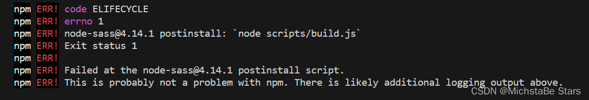 安装node-sass安装失败(Failed at the node-sass@4.14.1 postinstall script.)