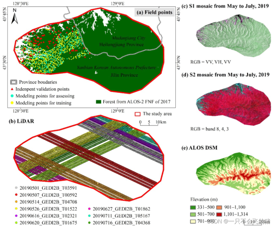 图1. 研究区域和地面采样点（a），以及经过处理的遥感数据集，包括全球生态系统动态调查（GEDI）光探测和测距（LiDAR）（b）。哨兵一号（S1）合成孔径雷达（SAR）（c），哨兵二号（S2）多光谱仪器（MSI）L2A（d），高级陆地观测卫星（ALOS）数字表面模型（DSM）（e），以及ALOS-2森林/非森林（FNF）数据。