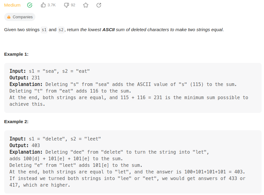 leetcode 712. Minimum ASCII Delete Sum for Two Strings（字符串删除字母的ASCII码之和）