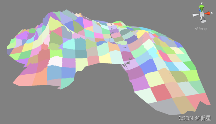 图像显示两个 MountainPeak 游戏对象上的群集分辨率值较低：各种颜色的正方形拼凑效果。