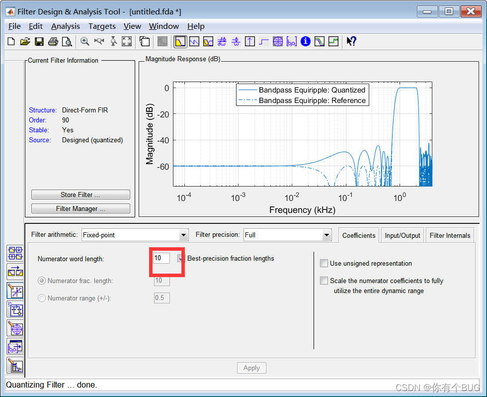 Matlab的fdatool量化位数查看误差_fdatool量化设置-CSDN博客