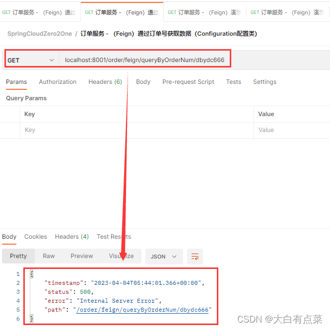 使用 GET 方式请求接口：localhost:8001/order/feign/queryByOrderNum/dbydc666