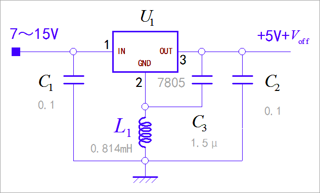 ▲ 图1.3.1 基于7805 的 Colpits 电容三点式振荡器