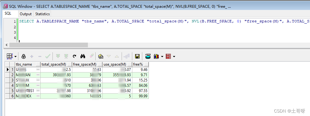 表空间大小、占用情况列表