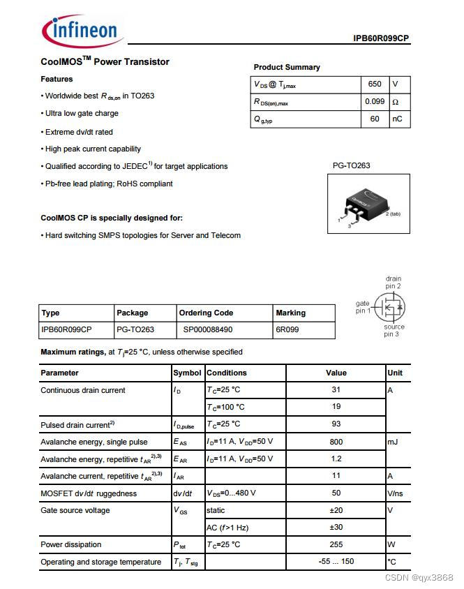 ASEMI代理Infineon英飞凌IPB60R099CP原厂MOS管