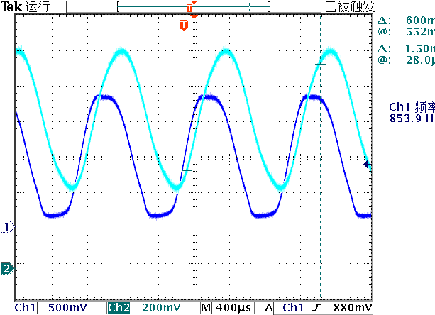 ▲ 图2.2.1 测量Q1集电极与C1上电压X-T波形