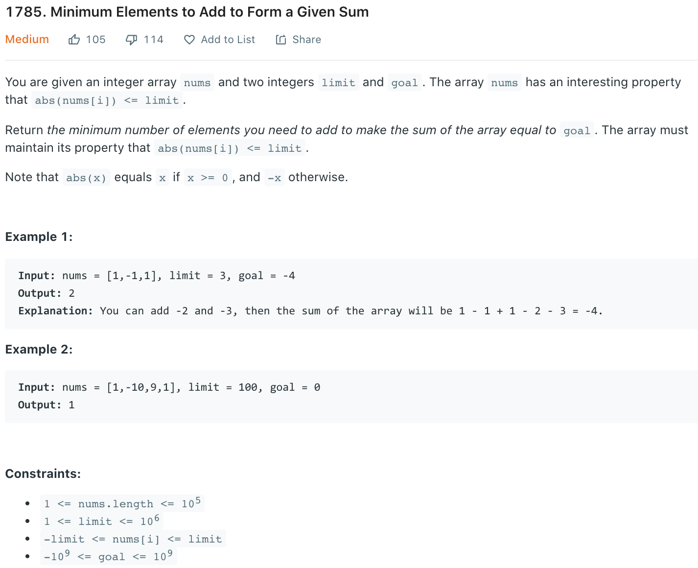 Minimum Elements to Add to Form a Given Sum