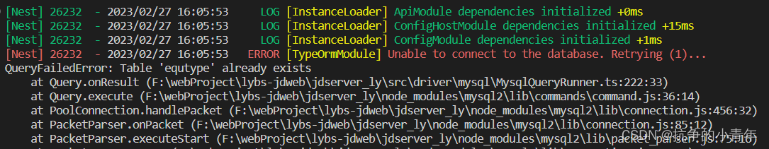 nestJs中使用typeORM报’QueryFailedError: Table ‘equtype’ already exists’错误