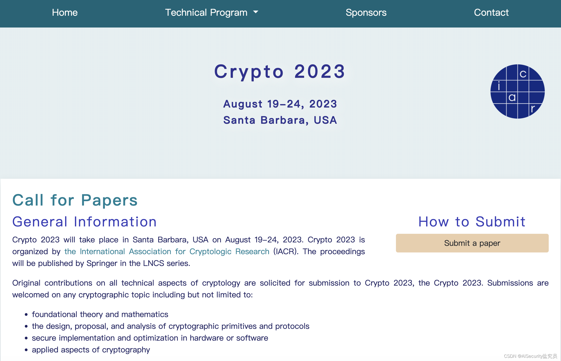 【Call for papers】CRYPTO-2023（CCF-A/网络与信息安全/2023年2月16日截稿）