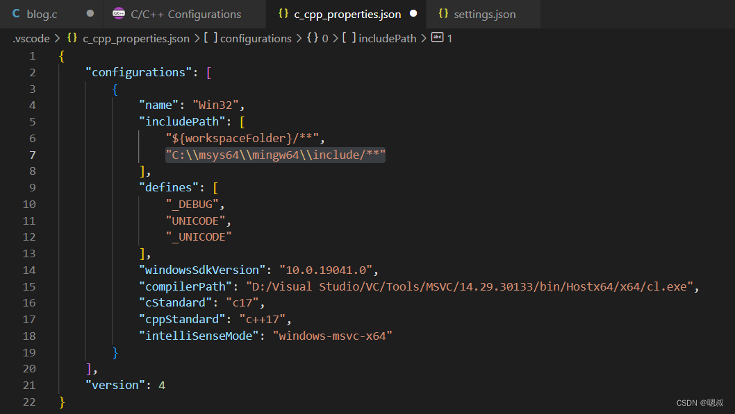 添加后的c_cpp_properties.json