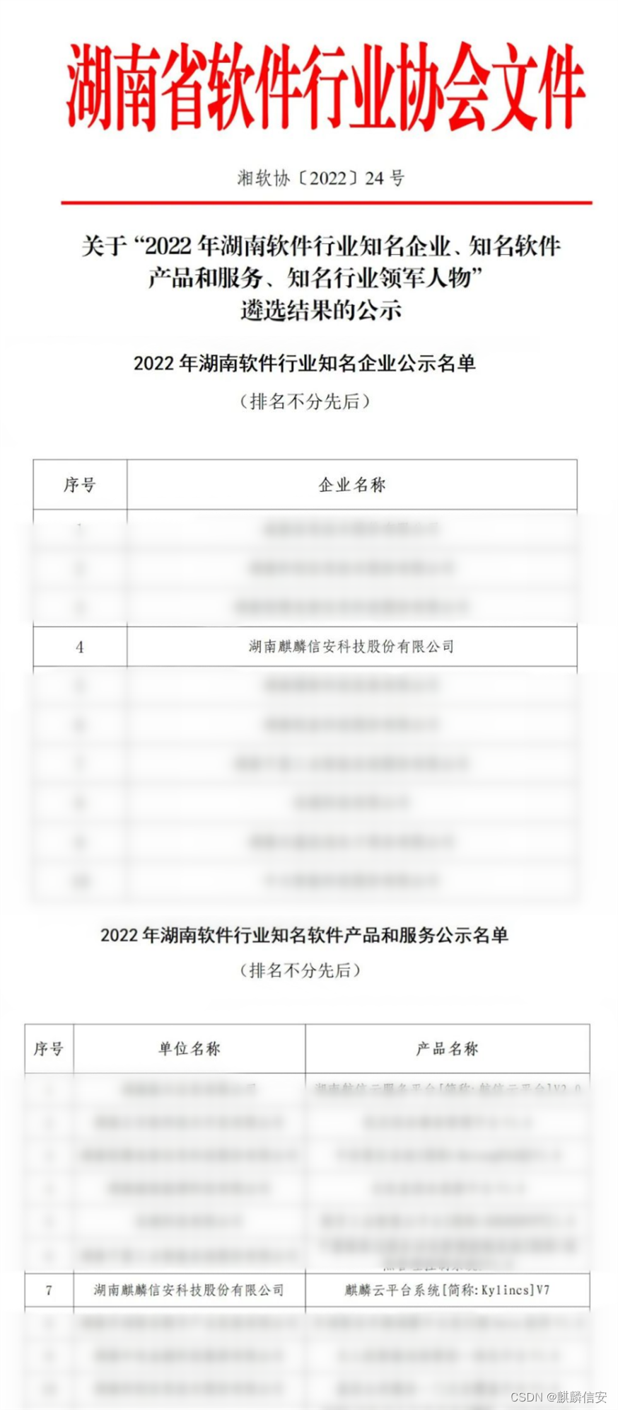 喜报，“2022湖南软件行业名企、名品、名人”公布, 麒麟信安再度揽获双项殊荣