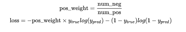 [外链图片转存失败,源站可能有防盗链机制,建议将图片保存下来直接上传(img-ynowgq5g-1631970391001)(https://www.zhihu.com/equation?tex=%5Ctext+%7Bpos_weight%7D+%3D+%5Cfrac%7B%5Ctext+%7Bnum_neg%7D%7D%7B%5Ctext+%7Bnum_pos%7D%7D+%5C%5C+%5Ctext+%7Bloss%7D+%3D+-+%5Ctext+%7Bpos_weight%7D+%5Ctimes+y_%7Btrue%7D+log+%28y_%7Bpred%7D%29+-+%281-y_%7Btrue%7D%29+log+%281-y_%7Bpred%7D%29%5C%5C)]