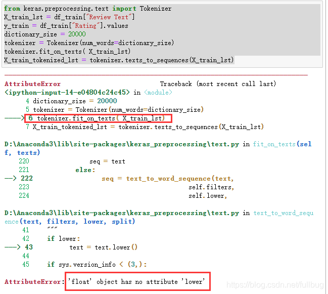 机器学习使用tokenizer.fit_on_texts报‘float‘ object has no attribute ‘lower‘错解决办法