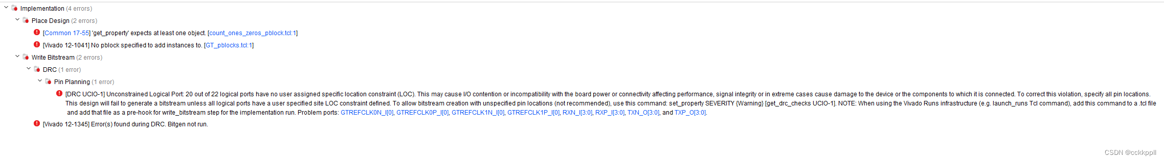 vivado生成bit流错误---[DRC UCIO-1]
