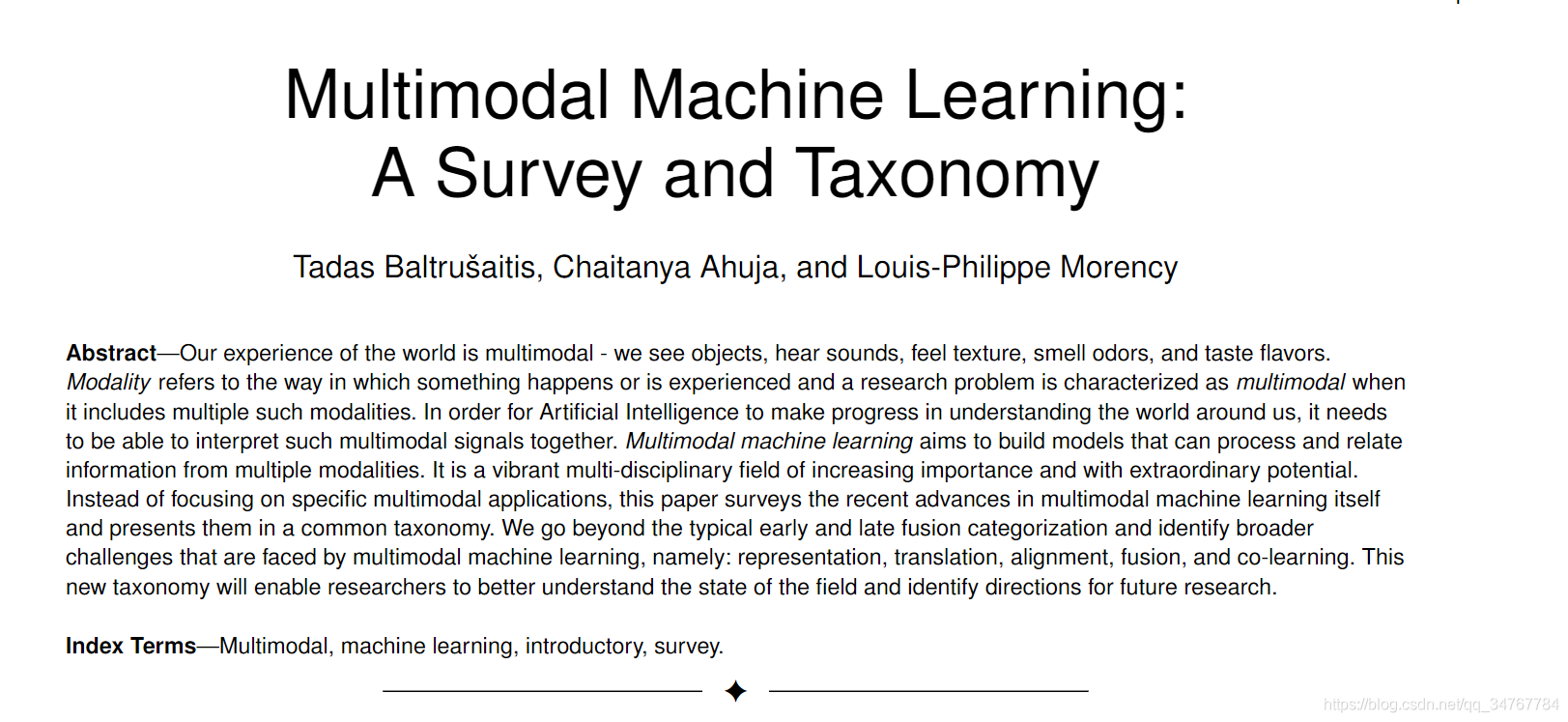 Multimodal Machine Learning: A Survey and Taxonomy