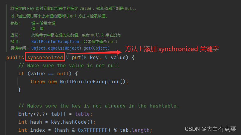 Hashtable 线程安全，方法上添加了synchronized关键字