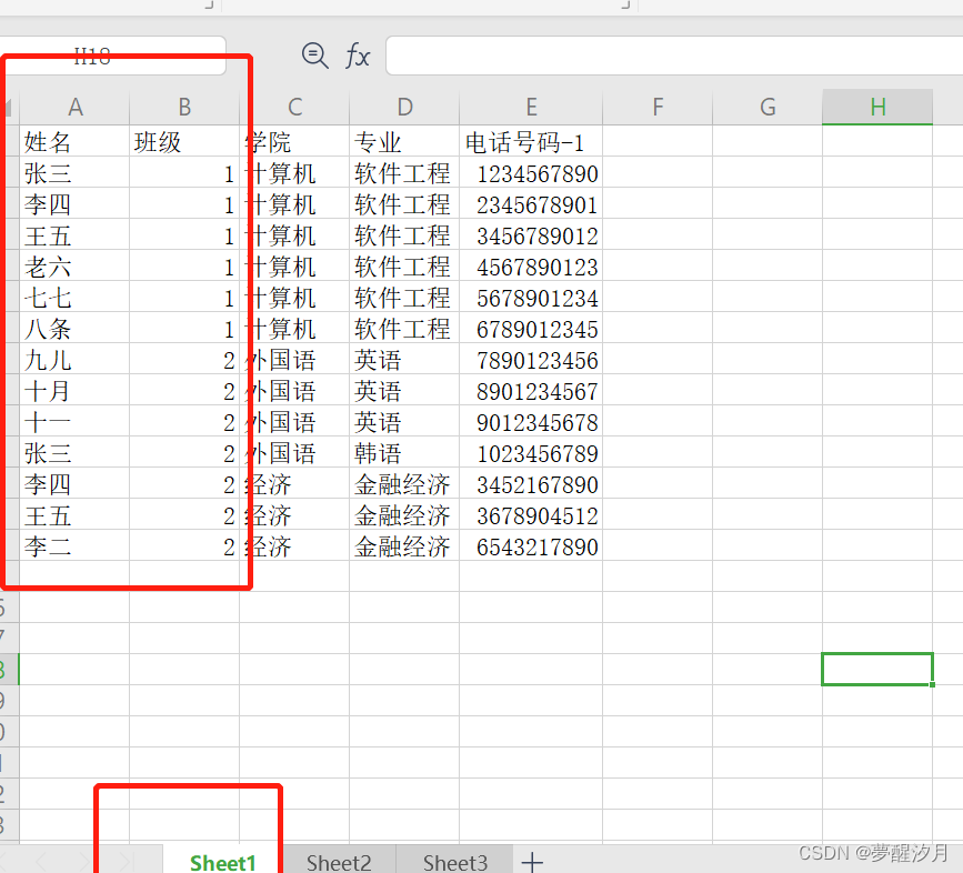 Sheet1里面有姓名、班级、学院、专业、电话号码-1的数据。