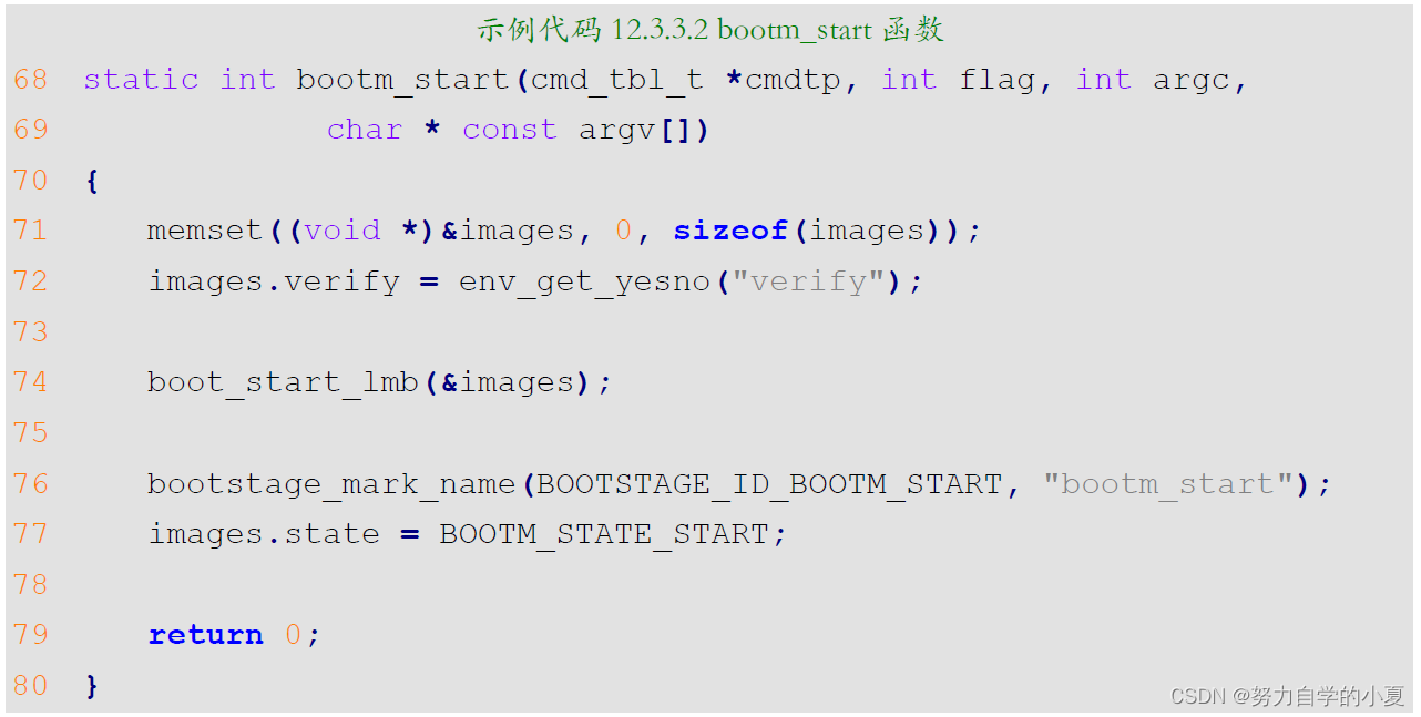 示例代码12.3.3.2 bootm_start函数代码截图