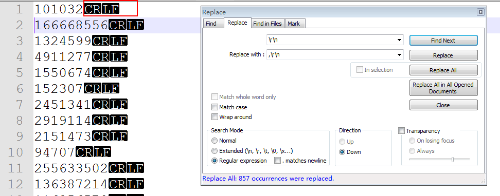 如何将Noteepad++每一行都添加一个逗号