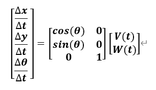 [■(∆x/∆t@∆y/∆t@∆θ/∆t) ]=[■(cos(θ)&0@sin(θ)&0@0&1)][■(V(t)@W(t))]