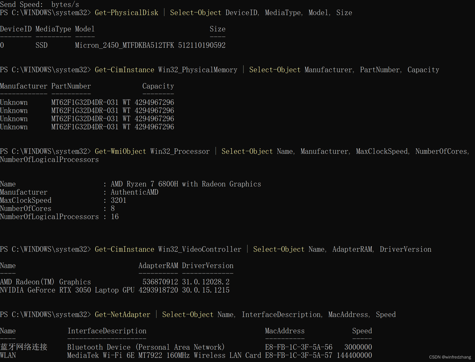 PowerShell 中，你可以使用以下命令来获取磁盘、内存、CPU、GPU、网卡和声卡的硬件信息