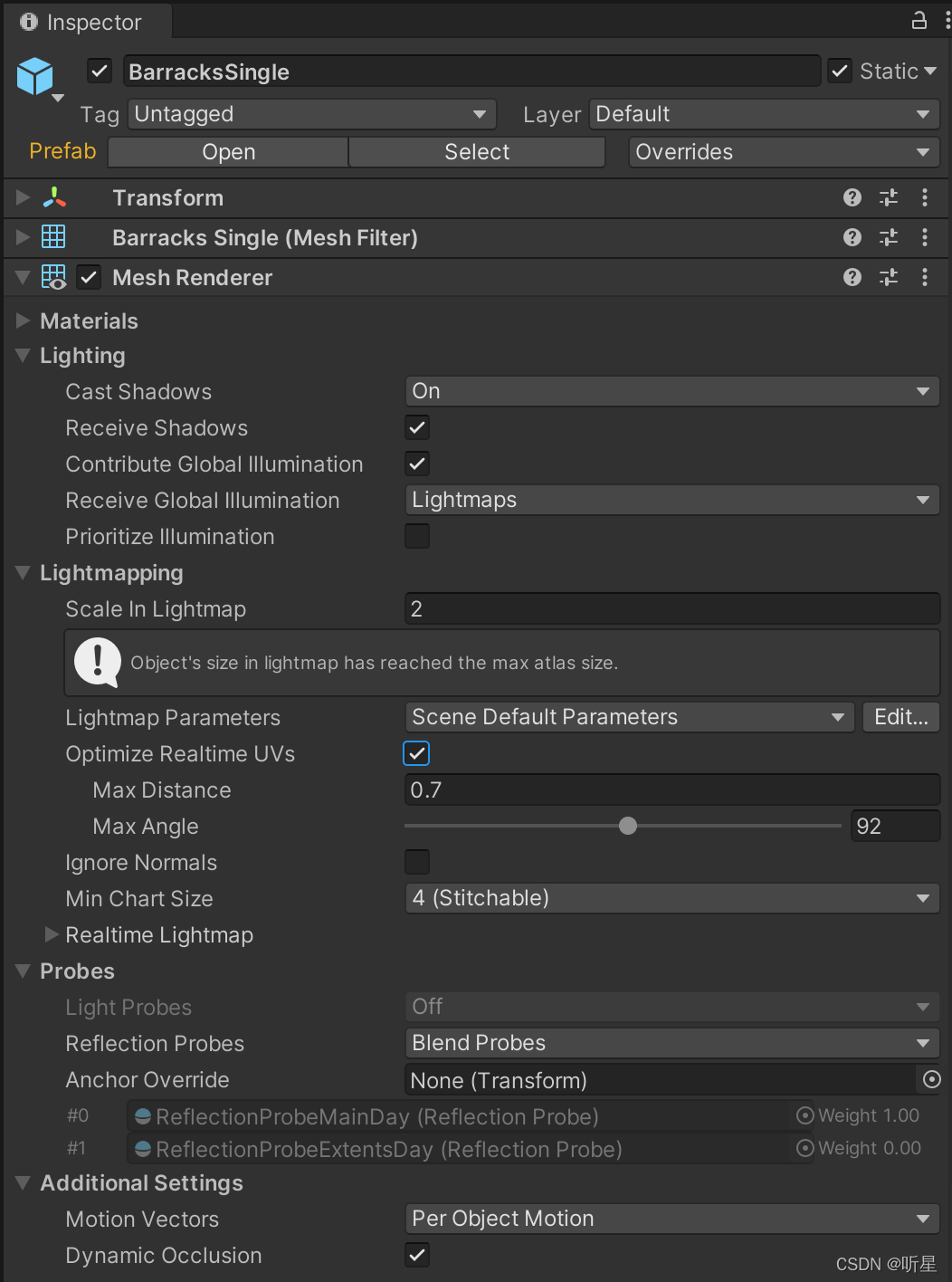 优化实时 UV 位于 Mesh Renderer 组件内的 Lightmapping 折页中。